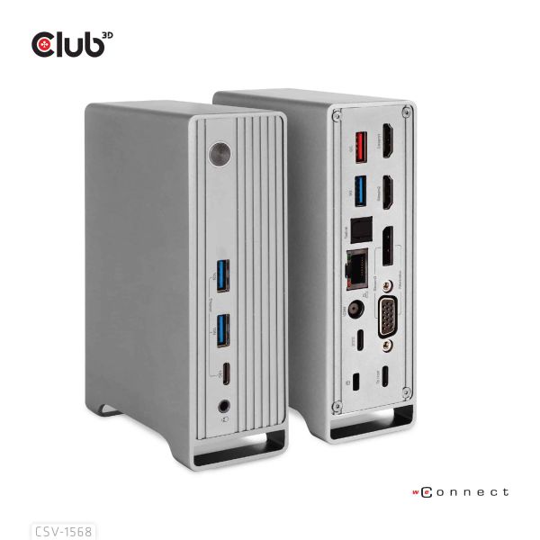 CLUB3D USB type C Universeel docking station 2x USB Gen2 Type-A 1x USB Gen1 Type-A 1x USB Type-A (ROOD) Smart Charging-poort 5V/2.4A Max. • 2x HDMI (DP Alt Mode) 1x DP (DP Alt Mode) 1x VGA 1x RJ45 max.120 Watt opladen (CSV-1568)