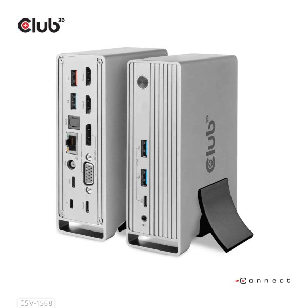 CLUB3D USB type C Universeel docking station 2x USB Gen2 Type-A 1x USB Gen1 Type-A 1x USB Type-A (ROOD) Smart Charging-poort 5V/2.4A Max. • 2x HDMI (DP Alt Mode) 1x DP (DP Alt Mode) 1x VGA 1x RJ45 max.120 Watt opladen (CSV-1568)