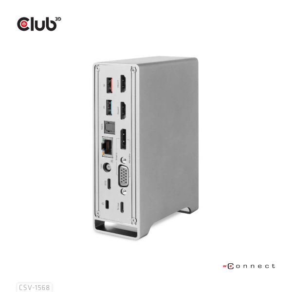 CLUB3D USB type C Universeel docking station 2x USB Gen2 Type-A 1x USB Gen1 Type-A 1x USB Type-A (ROOD) Smart Charging-poort 5V/2.4A Max. • 2x HDMI (DP Alt Mode) 1x DP (DP Alt Mode) 1x VGA 1x RJ45 max.120 Watt opladen (CSV-1568)