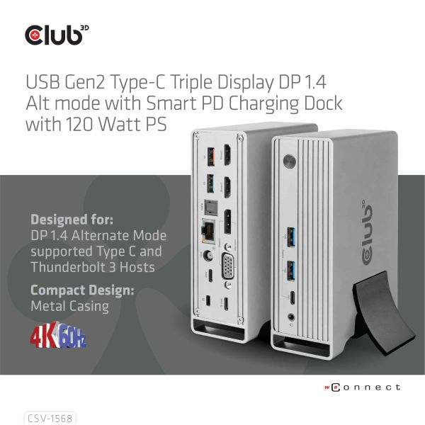 CLUB3D USB type C Universeel docking station 2x USB Gen2 Type-A 1x USB Gen1 Type-A 1x USB Type-A (ROOD) Smart Charging-poort 5V/2.4A Max. • 2x HDMI (DP Alt Mode) 1x DP (DP Alt Mode) 1x VGA 1x RJ45 max.120 Watt opladen (CSV-1568)
