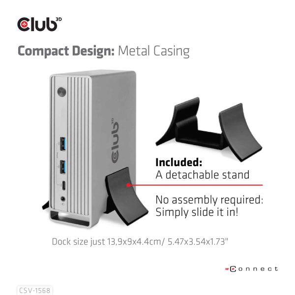 CLUB3D USB type C Universeel docking station 2x USB Gen2 Type-A 1x USB Gen1 Type-A 1x USB Type-A (ROOD) Smart Charging-poort 5V/2.4A Max. • 2x HDMI (DP Alt Mode) 1x DP (DP Alt Mode) 1x VGA 1x RJ45 max.120 Watt opladen (CSV-1568)