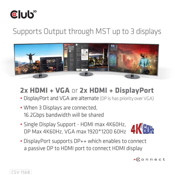 CLUB3D USB type C Universeel docking station 2x USB Gen2 Type-A 1x USB Gen1 Type-A 1x USB Type-A (ROOD) Smart Charging-poort 5V/2.4A Max. • 2x HDMI (DP Alt Mode) 1x DP (DP Alt Mode) 1x VGA 1x RJ45 max.120 Watt opladen (CSV-1568)