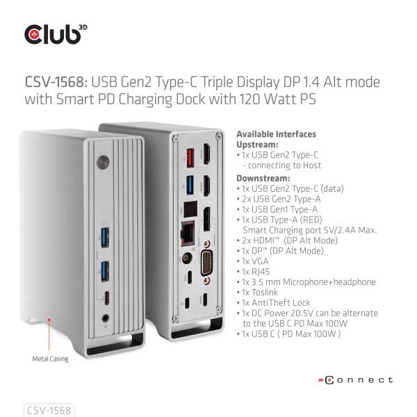 CLUB3D USB type C Universeel docking station 2x USB Gen2 Type-A 1x USB Gen1 Type-A 1x USB Type-A (ROOD) Smart Charging-poort 5V/2.4A Max. • 2x HDMI (DP Alt Mode) 1x DP (DP Alt Mode) 1x VGA 1x RJ45 max.120 Watt opladen (CSV-1568)