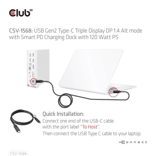 CLUB3D USB type C Universeel docking station 2x USB Gen2 Type-A 1x USB Gen1 Type-A 1x USB Type-A (ROOD) Smart Charging-poort 5V/2.4A Max. • 2x HDMI (DP Alt Mode) 1x DP (DP Alt Mode) 1x VGA 1x RJ45 max.120 Watt opladen (CSV-1568)