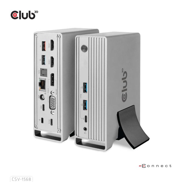CLUB3D USB type C Universeel docking station 2x USB Gen2 Type-A 1x USB Gen1 Type-A 1x USB Type-A (ROOD) Smart Charging-poort 5V/2.4A Max. • 2x HDMI (DP Alt Mode) 1x DP (DP Alt Mode) 1x VGA 1x RJ45 max.120 Watt opladen (CSV-1568)