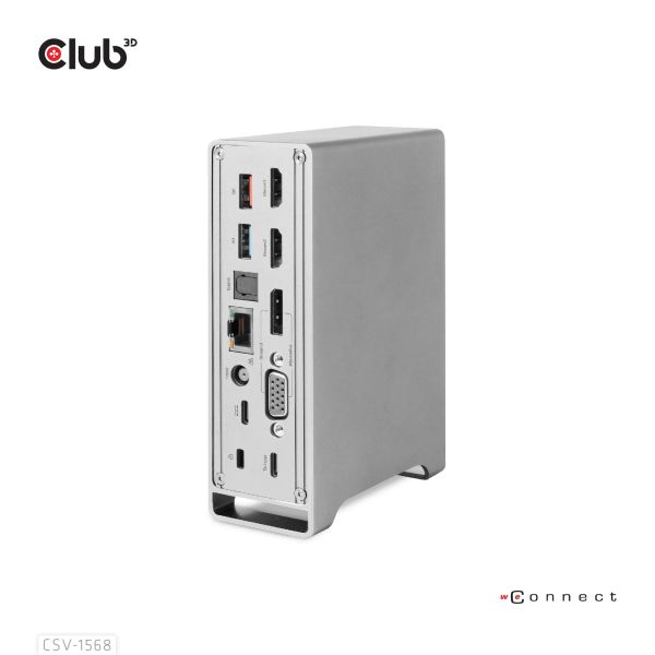CLUB3D USB type C Universeel docking station 2x USB Gen2 Type-A 1x USB Gen1 Type-A 1x USB Type-A (ROOD) Smart Charging-poort 5V/2.4A Max. • 2x HDMI (DP Alt Mode) 1x DP (DP Alt Mode) 1x VGA 1x RJ45 max.120 Watt opladen (CSV-1568)