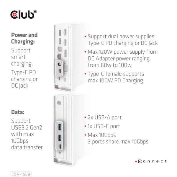 CLUB3D USB type C Universeel docking station 2x USB Gen2 Type-A 1x USB Gen1 Type-A 1x USB Type-A (ROOD) Smart Charging-poort 5V/2.4A Max. • 2x HDMI (DP Alt Mode) 1x DP (DP Alt Mode) 1x VGA 1x RJ45 max.120 Watt opladen (CSV-1568)