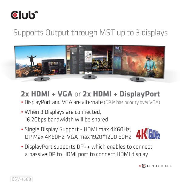 CLUB3D USB type C Universeel docking station 2x USB Gen2 Type-A 1x USB Gen1 Type-A 1x USB Type-A (ROOD) Smart Charging-poort 5V/2.4A Max. • 2x HDMI (DP Alt Mode) 1x DP (DP Alt Mode) 1x VGA 1x RJ45 max.120 Watt opladen (CSV-1568)