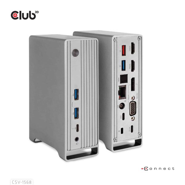 CLUB3D USB type C Universeel docking station 2x USB Gen2 Type-A 1x USB Gen1 Type-A 1x USB Type-A (ROOD) Smart Charging-poort 5V/2.4A Max. • 2x HDMI (DP Alt Mode) 1x DP (DP Alt Mode) 1x VGA 1x RJ45 max.120 Watt opladen (CSV-1568)