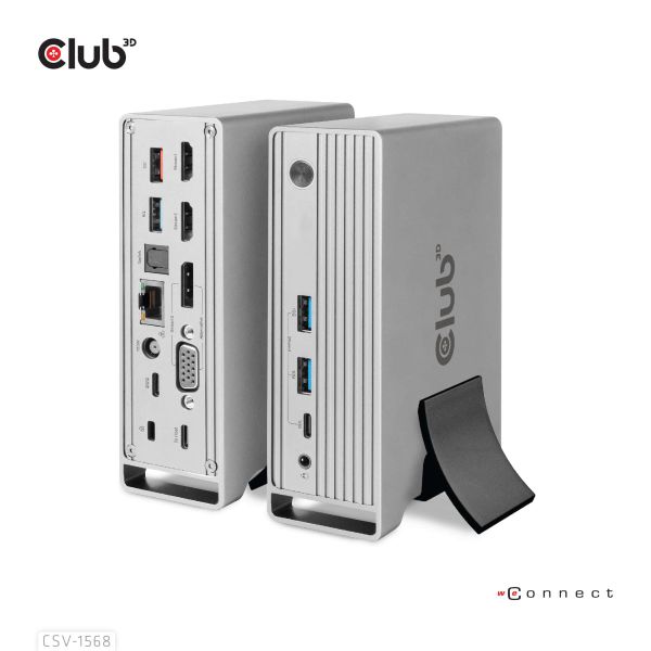 CLUB3D USB type C Universeel docking station 2x USB Gen2 Type-A 1x USB Gen1 Type-A 1x USB Type-A (ROOD) Smart Charging-poort 5V/2.4A Max. • 2x HDMI (DP Alt Mode) 1x DP (DP Alt Mode) 1x VGA 1x RJ45 max.120 Watt opladen (CSV-1568)