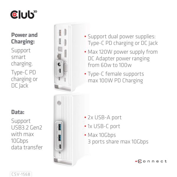 CLUB3D USB type C Universeel docking station 2x USB Gen2 Type-A 1x USB Gen1 Type-A 1x USB Type-A (ROOD) Smart Charging-poort 5V/2.4A Max. • 2x HDMI (DP Alt Mode) 1x DP (DP Alt Mode) 1x VGA 1x RJ45 max.120 Watt opladen (CSV-1568)