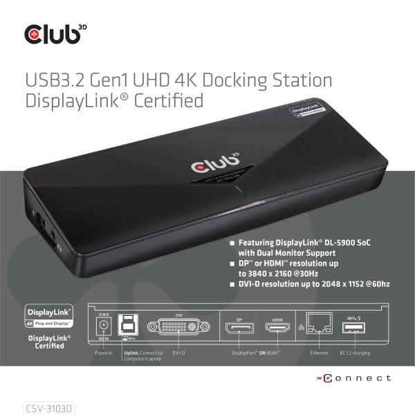 CLUB3D UNIVERSEEL USB 3.1 Gen 1 DisplayLink® gecertificeerd Docking station UHD 4K (CSV-3103D)