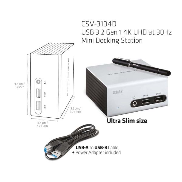 CLUB3D UNIVERSEEL Mini Displaylink gecertificeerd Docking Station USB A 3.2 Gen 1 4K30Hz 1x HDMI, 1x DVI, 4x USB Superspeed (CSV-3104D)