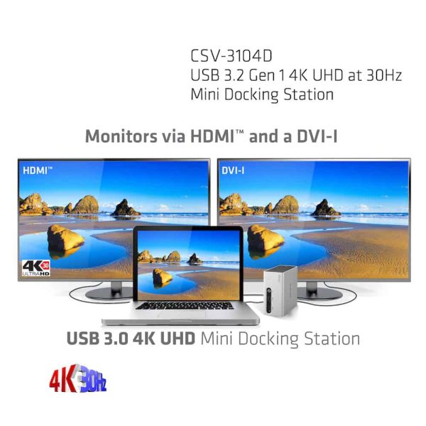 CLUB3D UNIVERSEEL Mini Displaylink gecertificeerd Docking Station USB A 3.2 Gen 1 4K30Hz 1x HDMI, 1x DVI, 4x USB Superspeed (CSV-3104D)