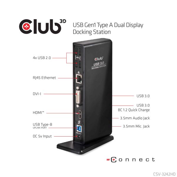 CLUB3D UNIVERSEEL USB 3.0 Type A 1x HDMI 1x DVI ,UTP aansluitingen DisplayLink™ gecertificeerd Docking Station (CSV-3242HD)
