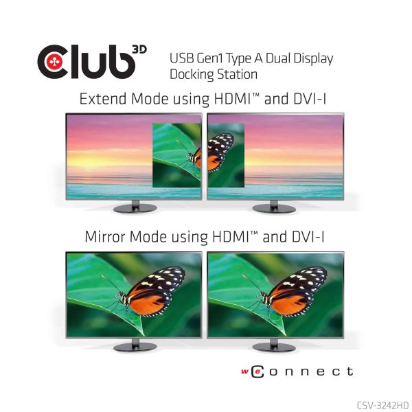 CLUB3D UNIVERSEEL USB 3.0 Type A 1x HDMI 1x DVI ,UTP aansluitingen DisplayLink™ gecertificeerd Docking Station (CSV-3242HD)
