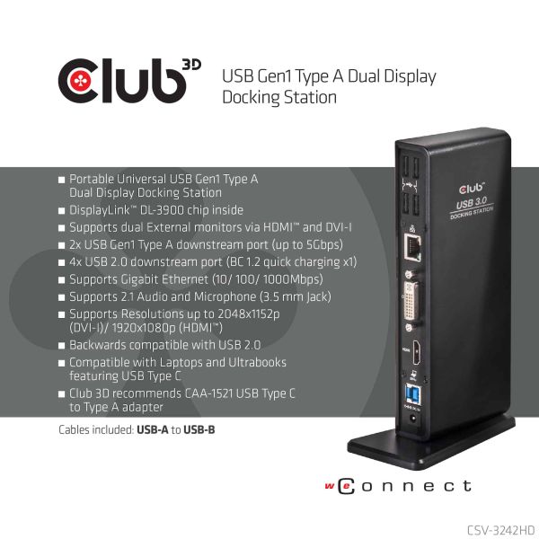 CLUB3D UNIVERSEEL USB 3.0 Type A 1x HDMI 1x DVI ,UTP aansluitingen DisplayLink™ gecertificeerd Docking Station (CSV-3242HD)