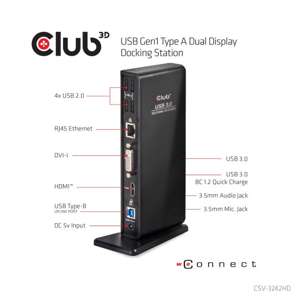 CLUB3D UNIVERSEEL USB 3.0 Type A 1x HDMI 1x DVI ,UTP aansluitingen DisplayLink™ gecertificeerd Docking Station (CSV-3242HD)