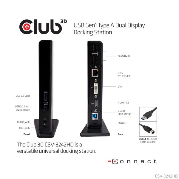 CLUB3D UNIVERSEEL USB 3.0 Type A 1x HDMI 1x DVI ,UTP aansluitingen DisplayLink™ gecertificeerd Docking Station (CSV-3242HD)