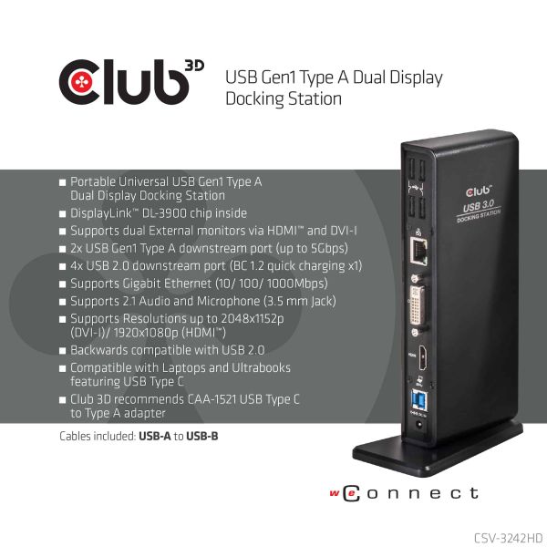 CLUB3D UNIVERSEEL USB 3.0 Type A 1x HDMI 1x DVI ,UTP aansluitingen DisplayLink™ gecertificeerd Docking Station (CSV-3242HD)