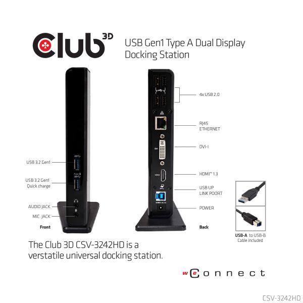 CLUB3D UNIVERSEEL USB 3.0 Type A 1x HDMI 1x DVI ,UTP aansluitingen DisplayLink™ gecertificeerd Docking Station (CSV-3242HD)