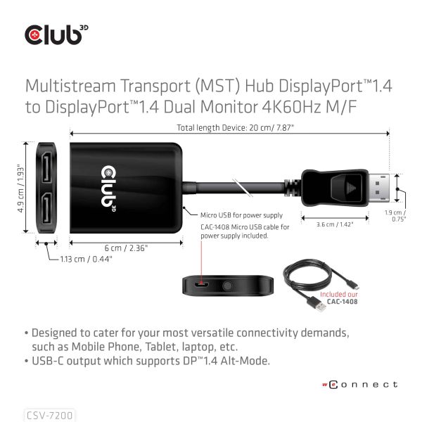 CLUB3D Multistream Transport (MST) Hub DisplayPort™1.4 naar DisplayPort™1.4 Dual Monitor 4K60Hz M/V (CSV-7200)