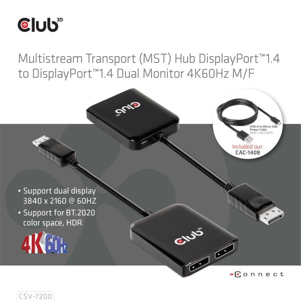 CLUB3D Multistream Transport (MST) Hub DisplayPort™1.4 naar DisplayPort™1.4 Dual Monitor 4K60Hz M/V (CSV-7200)