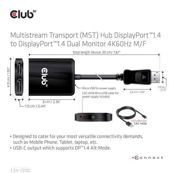 CLUB3D Multistream Transport (MST) Hub DisplayPort™1.4 naar DisplayPort™1.4 Dual Monitor 4K60Hz M/V (CSV-7200)