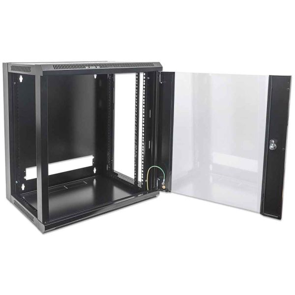 Intellinet 19" netwerkkast wandmontage (standaard), 6U, 450 mm diep, zwart, bouwpakket (flatpack), max. 60 kg, bruikbare diepte 270–350 mm, metalen & glazen deur, afneembare zijpanelen, montagemateriaal niet inbegrepen (711715)