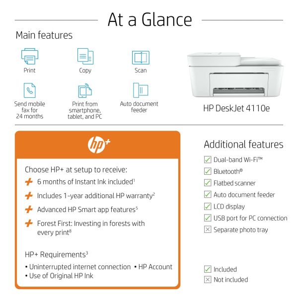 HP DeskJet Plus HP Deskjet 4110e All-in-One printer, Kleur, Printer voor Home, Printen, kopiëren, scannen, faxen via mobiel, HP+; Geschikt voor HP Instant Ink; Scan naar pdf (26Q91B#629)