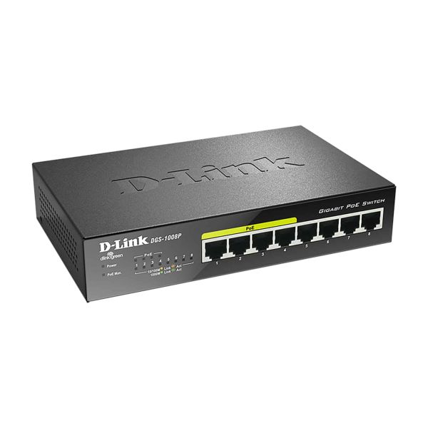 D-Link DGS-1008P netwerk-switch Unmanaged Gigabit Ethernet (10/100/1000) Power over Ethernet (PoE) Zwart (DGS-1008P/E)