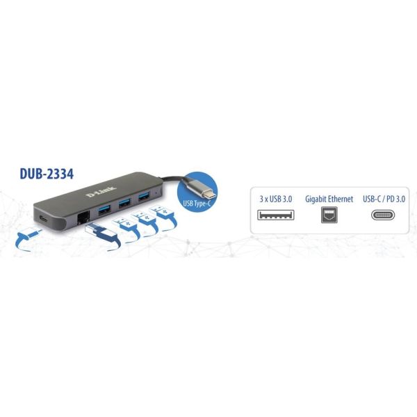 D-Link 5-in-1 USB-C Hub met Gigabit Ethernet/Stroomvoorziening DUB-2334 (DUB-2334)