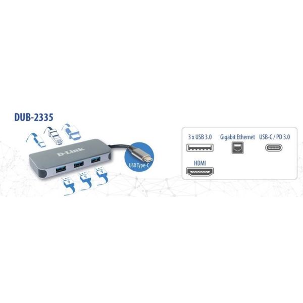 D-Link 6-in-1 USB-C Hub met HDMI/Gigabit Ethernet/Stroomvoorziening DUB-2335 (DUB-2335)