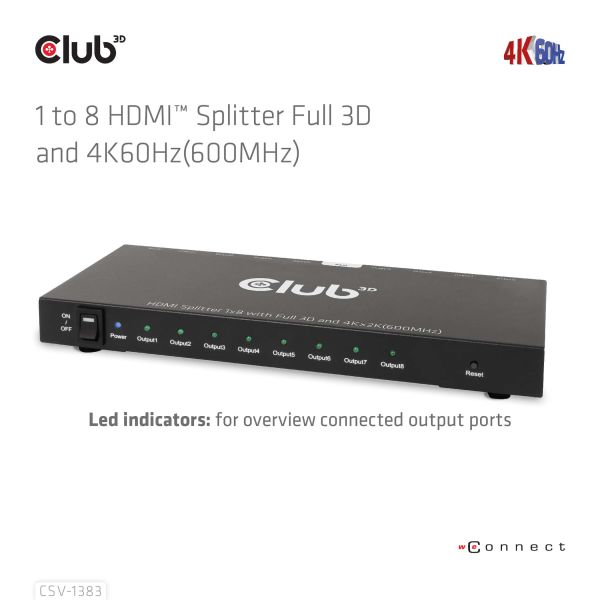CLUB3D 1 to 8 HDMI™ Splitter Full 3D and 4K60Hz(600MHz) (CSV-1383)
