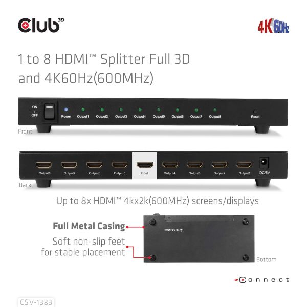 CLUB3D 1 to 8 HDMI™ Splitter Full 3D and 4K60Hz(600MHz) (CSV-1383)