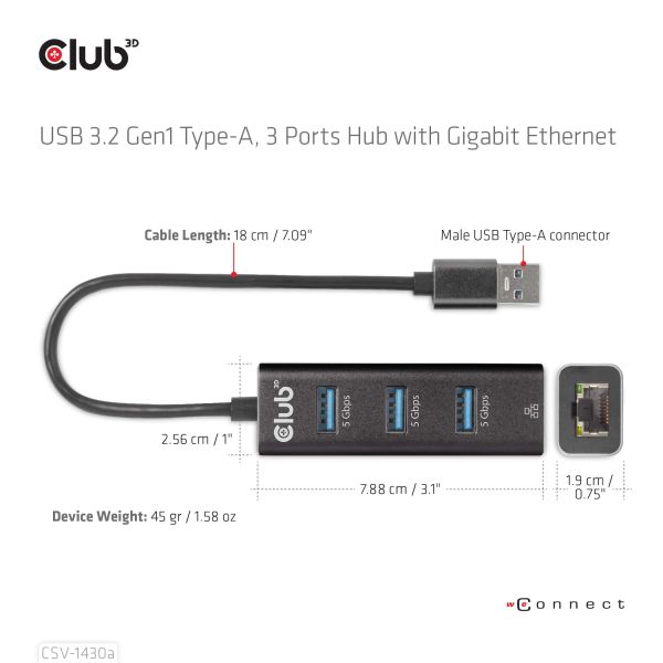 CLUB3D USB 3.2 Gen1 Type-A, 3 Ports Hub with Gigabit Ethernet (CSV-1430A)