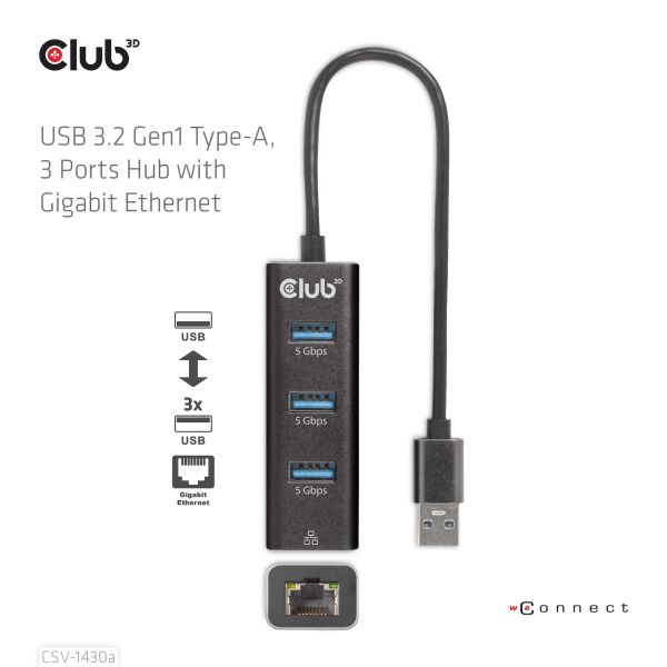CLUB3D USB 3.2 Gen1 Type-A, 3 Ports Hub with Gigabit Ethernet (CSV-1430A)