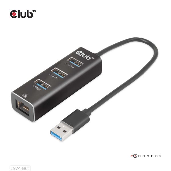 CLUB3D USB 3.2 Gen1 Type-A, 3 Ports Hub with Gigabit Ethernet (CSV-1430A)