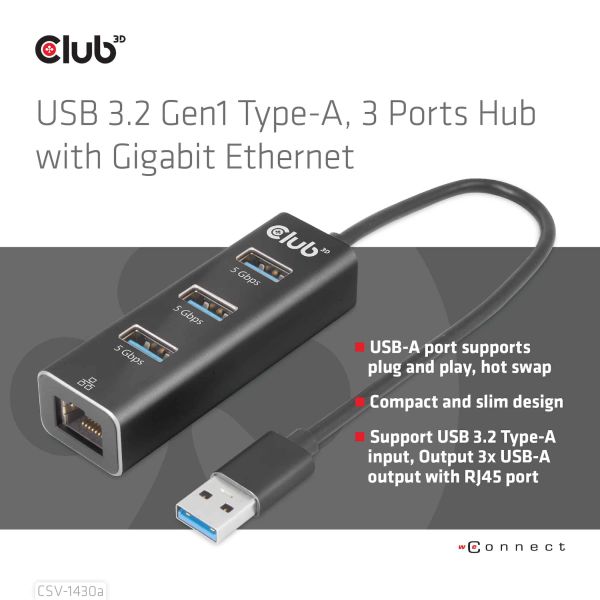 CLUB3D USB 3.2 Gen1 Type-A, 3 Ports Hub with Gigabit Ethernet (CSV-1430A)