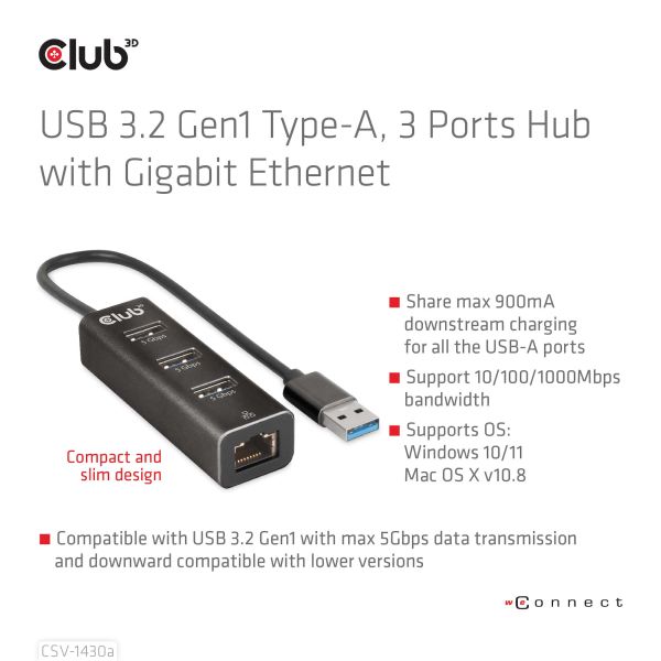 CLUB3D USB 3.2 Gen1 Type-A, 3 Ports Hub with Gigabit Ethernet (CSV-1430A)