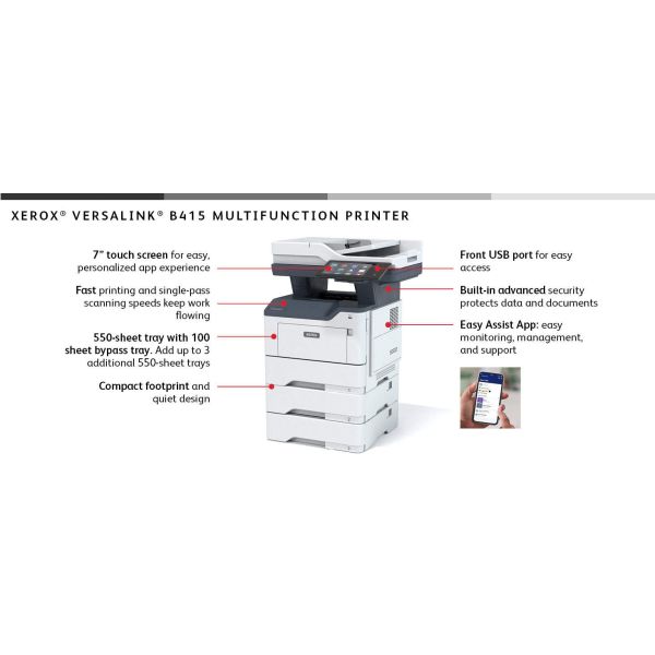 Xerox VersaLink B415 A4 47 ppm dubbelzijdig kopiëren en printen, scannen en faxen, geschikt voor PS3 PCL5e/6 2 laden voor totaal 650 vel (B415V_DN)