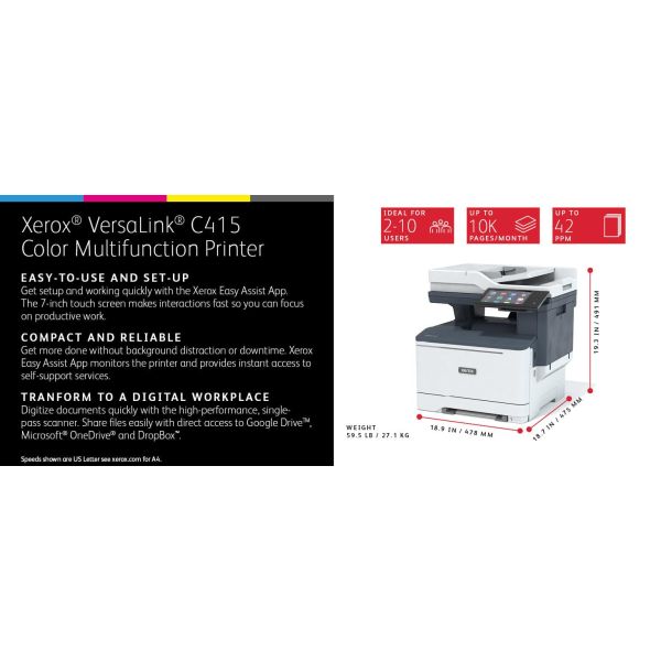 Xerox VersaLink C415 A4 40 ppm dubbelzijdig kopiëren en printen, scannen en faxen, geschikt voor PS3 PCL5e/6 2 laden voor max. 251 vel (C415V_DN)