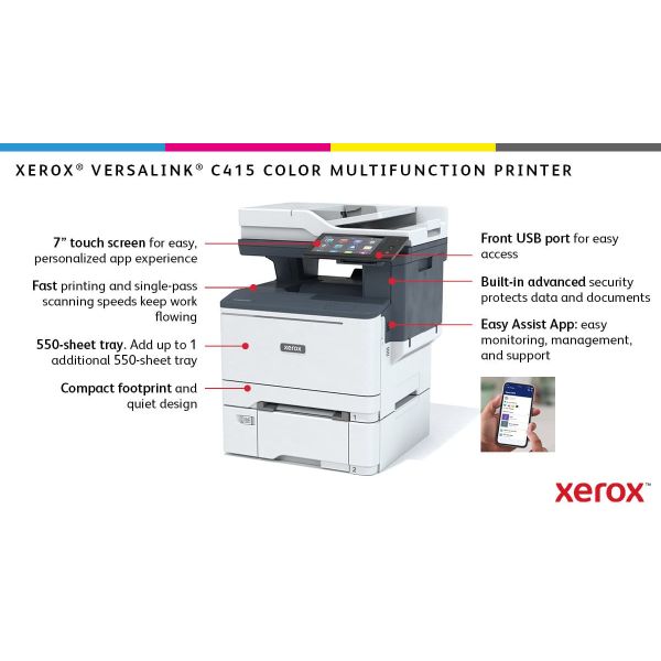 Xerox VersaLink C415 A4 40 ppm dubbelzijdig kopiëren en printen, scannen en faxen, geschikt voor PS3 PCL5e/6 2 laden voor max. 251 vel (C415V_DN)