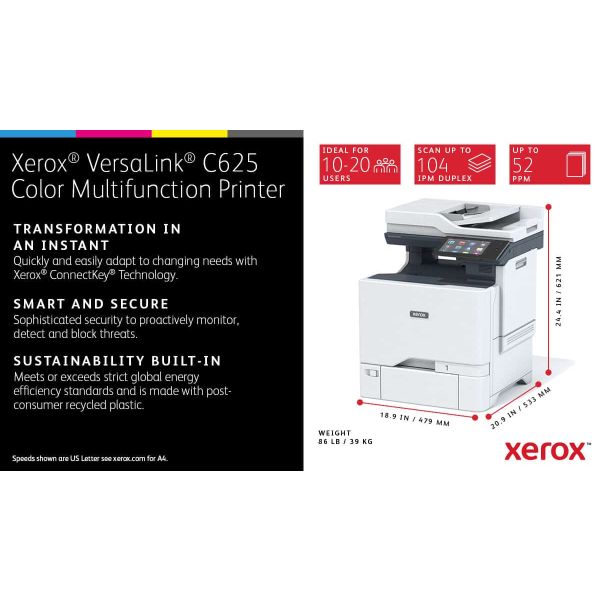 Xerox VersaLink C625 A4 50 ppm dubbelzijdig kopiëren en printen, scannen en faxen, geschikt voor PS3 PCL5e/6 2 laden voor max. 650 vel (C625V_DN)