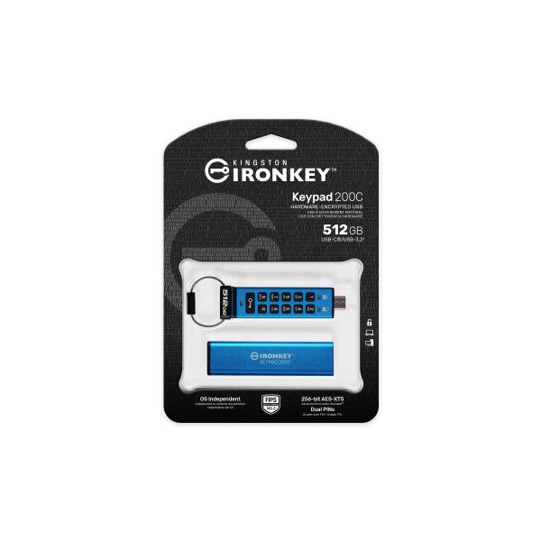 Kingston Technology IronKey 512GB USB-C Keypad 200C, FIPS 140-3 Lvl 3 (aangevraagd) AES-256 (IKKP200C/512GB)