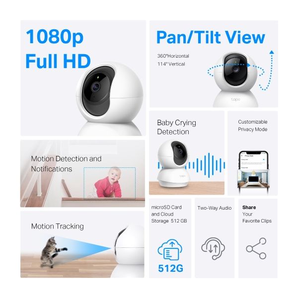 TP-Link Tapo C200P2 Bolvormig IP-beveiligingscamera Binnen 1920 x 1080 Pixels Bureau (TAPO C200P2)