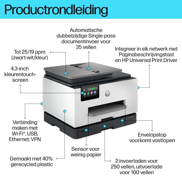 HP OfficeJet Pro 9130b All-in-One printer, Kleur, Printer voor Kleine en middelgrote ondernemingen, Printen, kopiëren, scannen, faxen, Draadloos; Printen vanaf telefoon of tablet; Automatische documentinvoer; Dubbelzijdig printen; Dubbelzijdig scannen; Sc