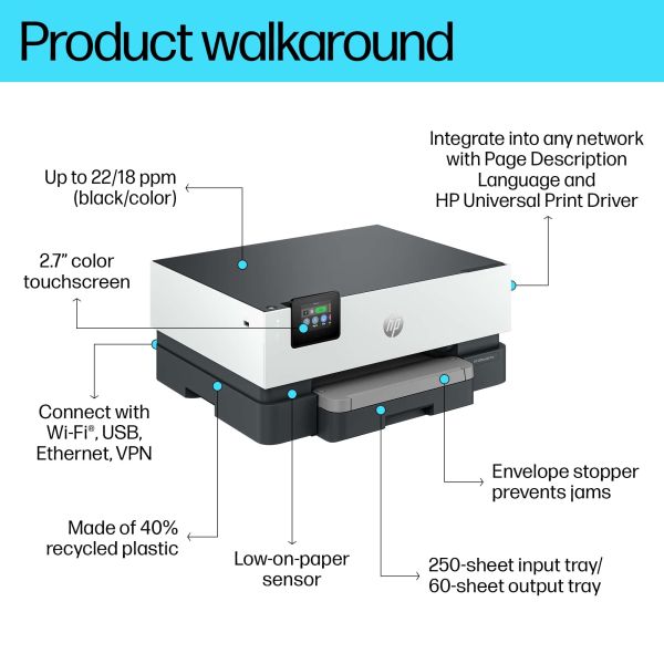 HP OfficeJet Pro 9110b printer, Kleur, Printer voor Thuis en thuiskantoor, Print, Draadloos; Dubbelzijdig printen; Printen vanaf telefoon of tablet; Touchscreen; USB-poort voorzijde (5A0S3B#629)
