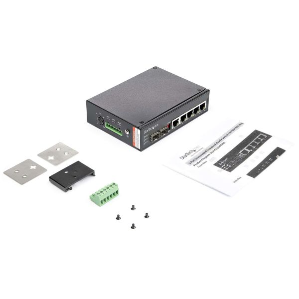 StarTech.com Industrial 6 Port Gigabit Ethernet Switch 4 PoE RJ45 +2 SFP Slots 30W PoE+ 48VDC 10/100/1000 Power Over Ethernet LAN Switch -40C to 75C met DIN Connector/Monteerbaar (IES1G52UPDIN)