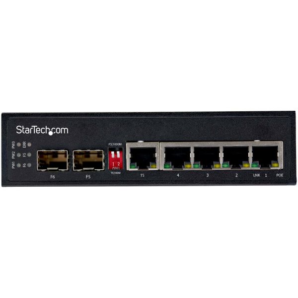 StarTech.com Industrial 6 Port Gigabit Ethernet Switch 4 PoE RJ45 +2 SFP Slots 30W PoE+ 48VDC 10/100/1000 Power Over Ethernet LAN Switch -40C to 75C met DIN Connector/Monteerbaar (IES1G52UPDIN) StarTech.com Industrial 6 Port Gigabit Ethernet Switch 4 PoE RJ45 +2 SFP Slots 30W PoE+ 48VDC 10/100/1000 Power Over Ethernet LAN Switch -40C to 75C met DIN Connector/Monteerbaar (IES1G52UPDIN)